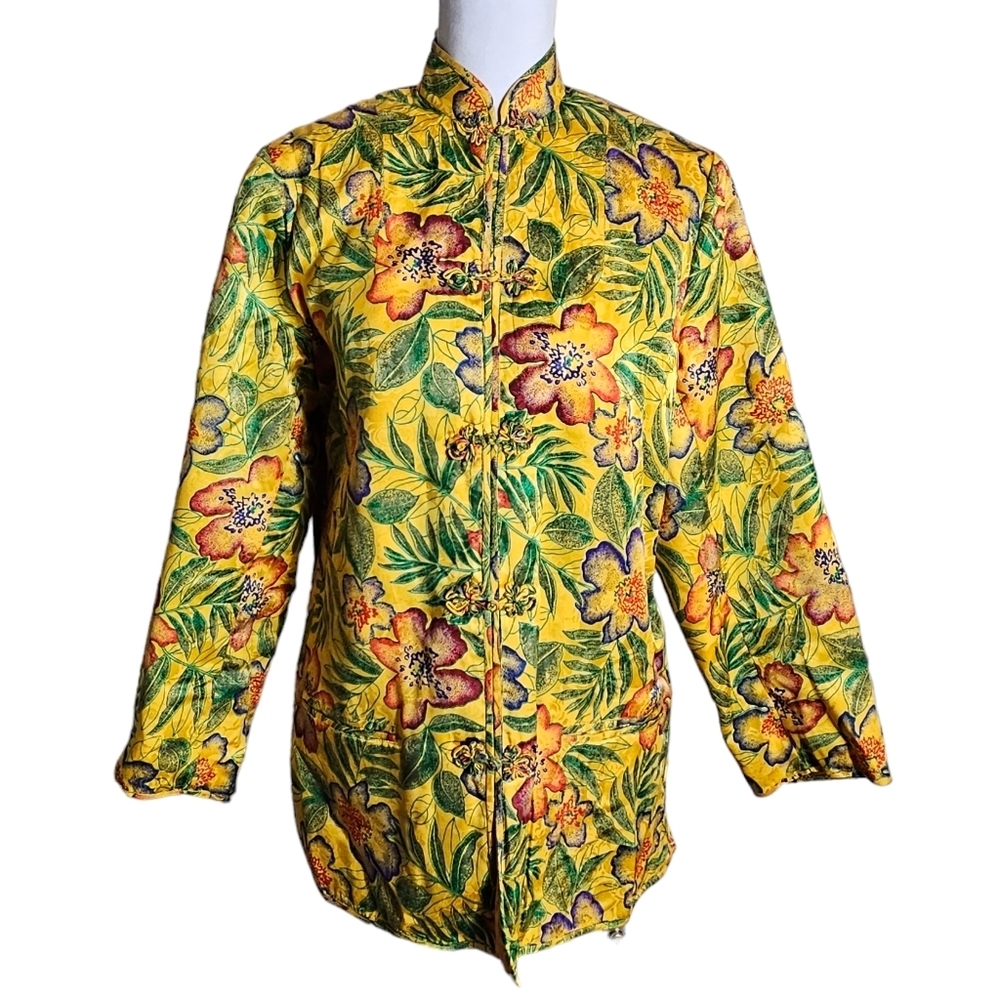 Begonia Yellow Floral Print 100% Silk Jacket Size Medium Mandarin Collar Coat